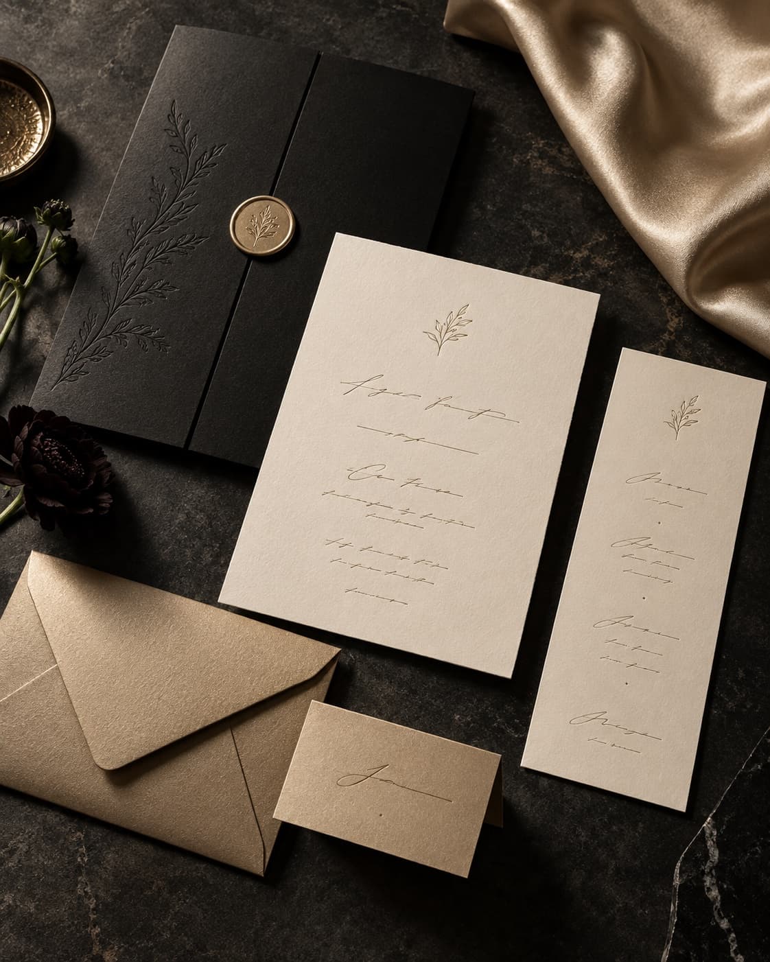 Black Tie collection: embossed invitation on matte black and champagne-colored card with a golden wax seal, plus a menu card, place card and gold-colored envelope.