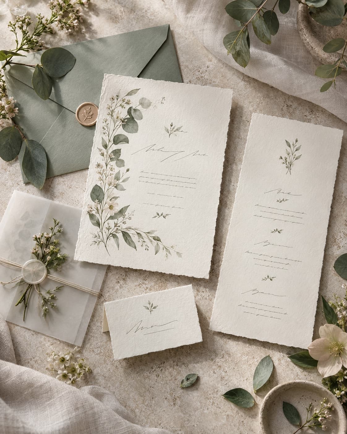 Botanical collection: invitation with a painted eucalyptus and blossom branch, a sage-green envelope, translucent paper wrapping with real dried flowers.