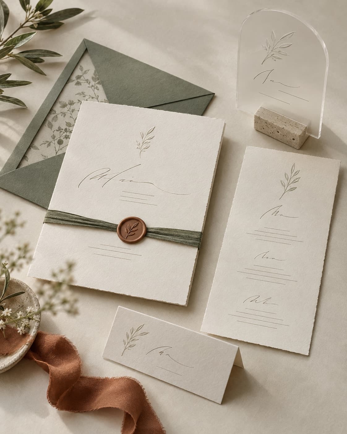 Modern Elegance collection: cream-colored invitation with a delicate branch motif, sage-green wax seal, menu and place card, and an acrylic table number.