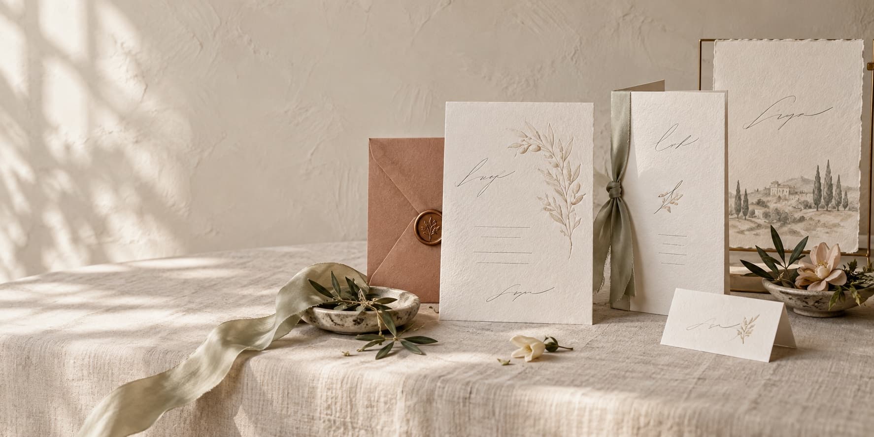 Matching wedding stationery collection on a linen table: invitation card with a branch motif, menu card, place card, wax-seal envelope and welcome sign in the background.
