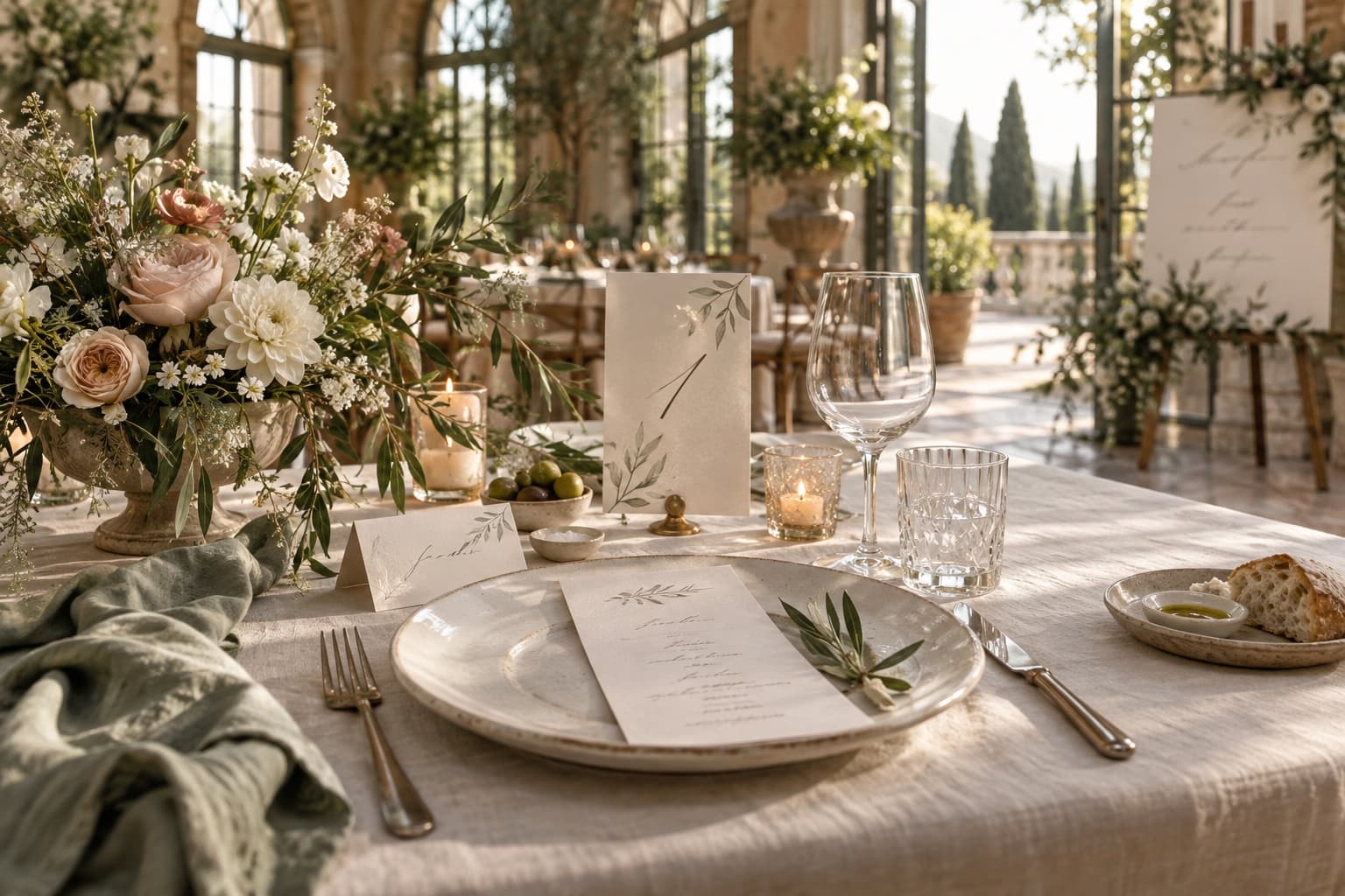Set wedding table with a table number and menu card in the same design, floral decoration, candles and a place card.