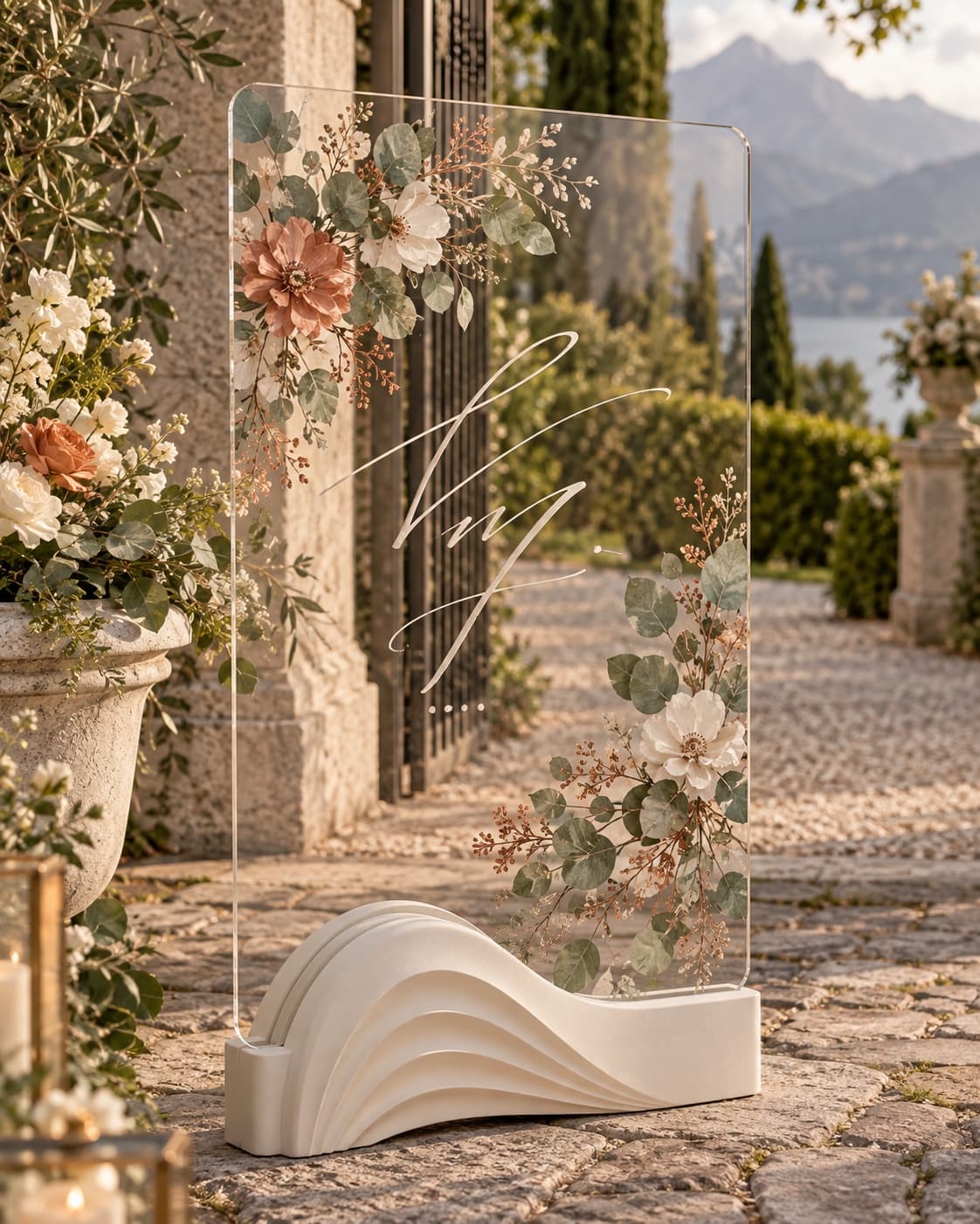 Transparent acrylic welcome sign with a monogram and floral motif on a curved, light-colored stand, outdoors in front of a lake landscape.