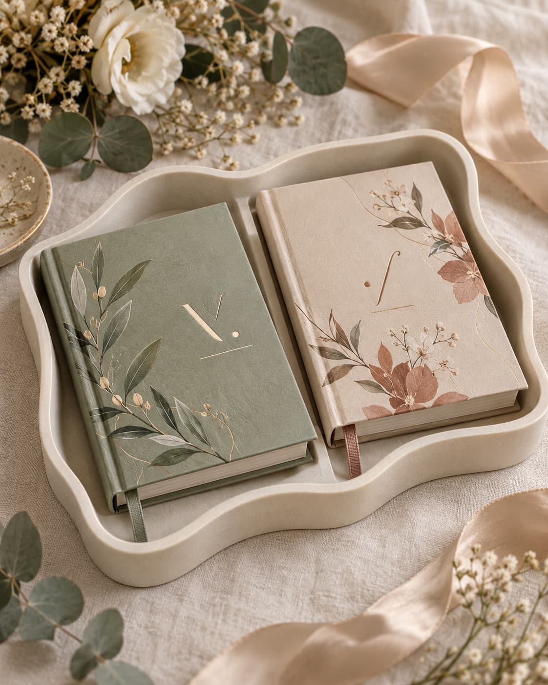 Two bound books in sage green and beige with floral cover motifs and a monogram, side by side in a curved light-colored tray.