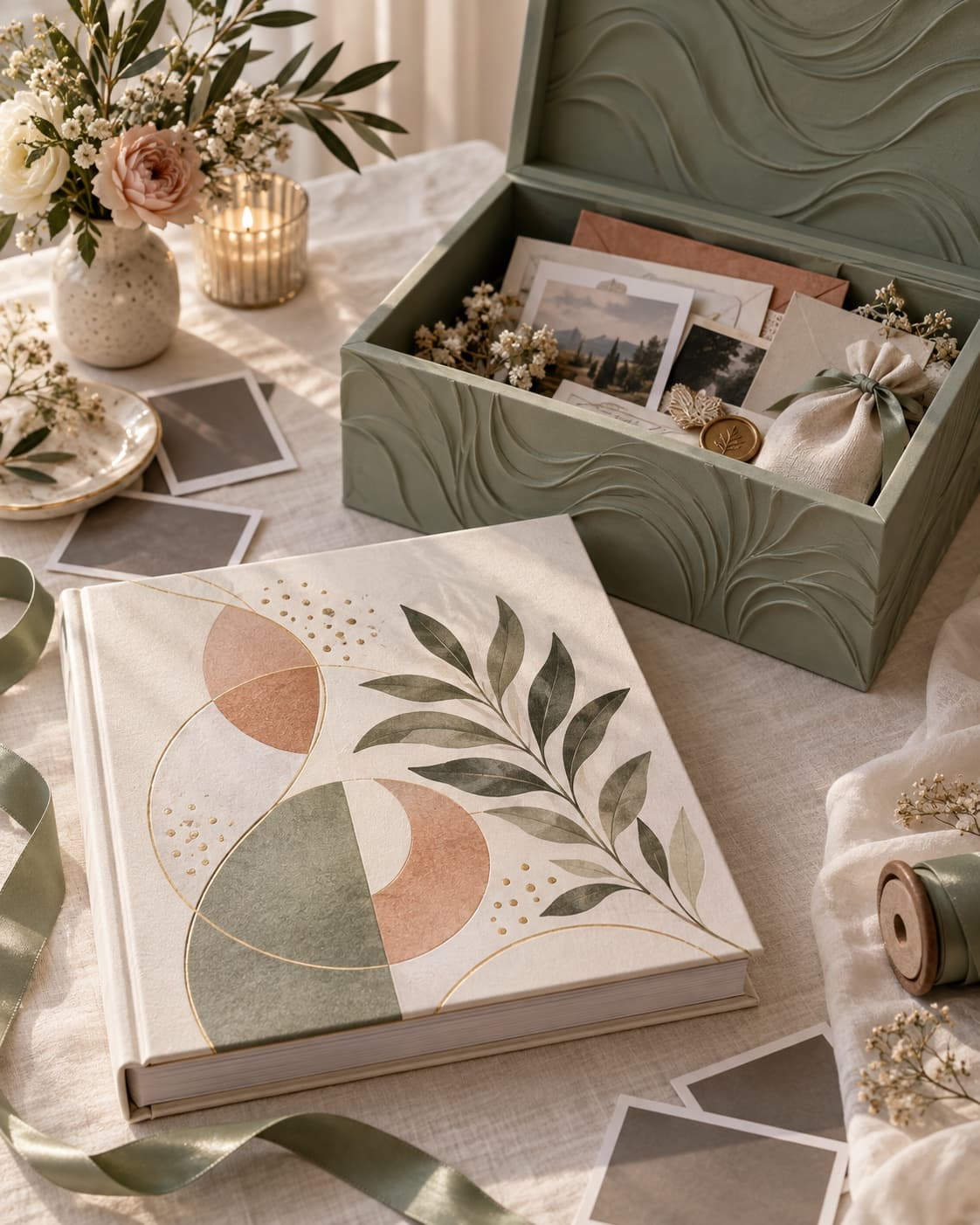 Opened, structured memory box in sage green with photos and cards inside, in front of it a bound guest book with a graphic half-circle and leaf motif.