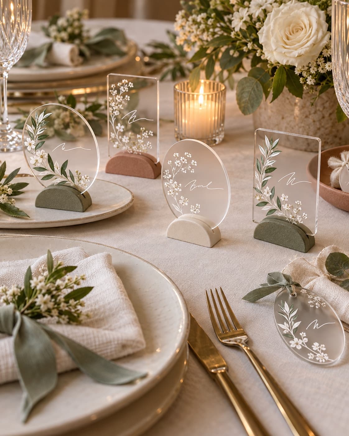 Several transparent acrylic name tags in different shapes with leaf motifs on small colored stands, arranged on a set wedding table.