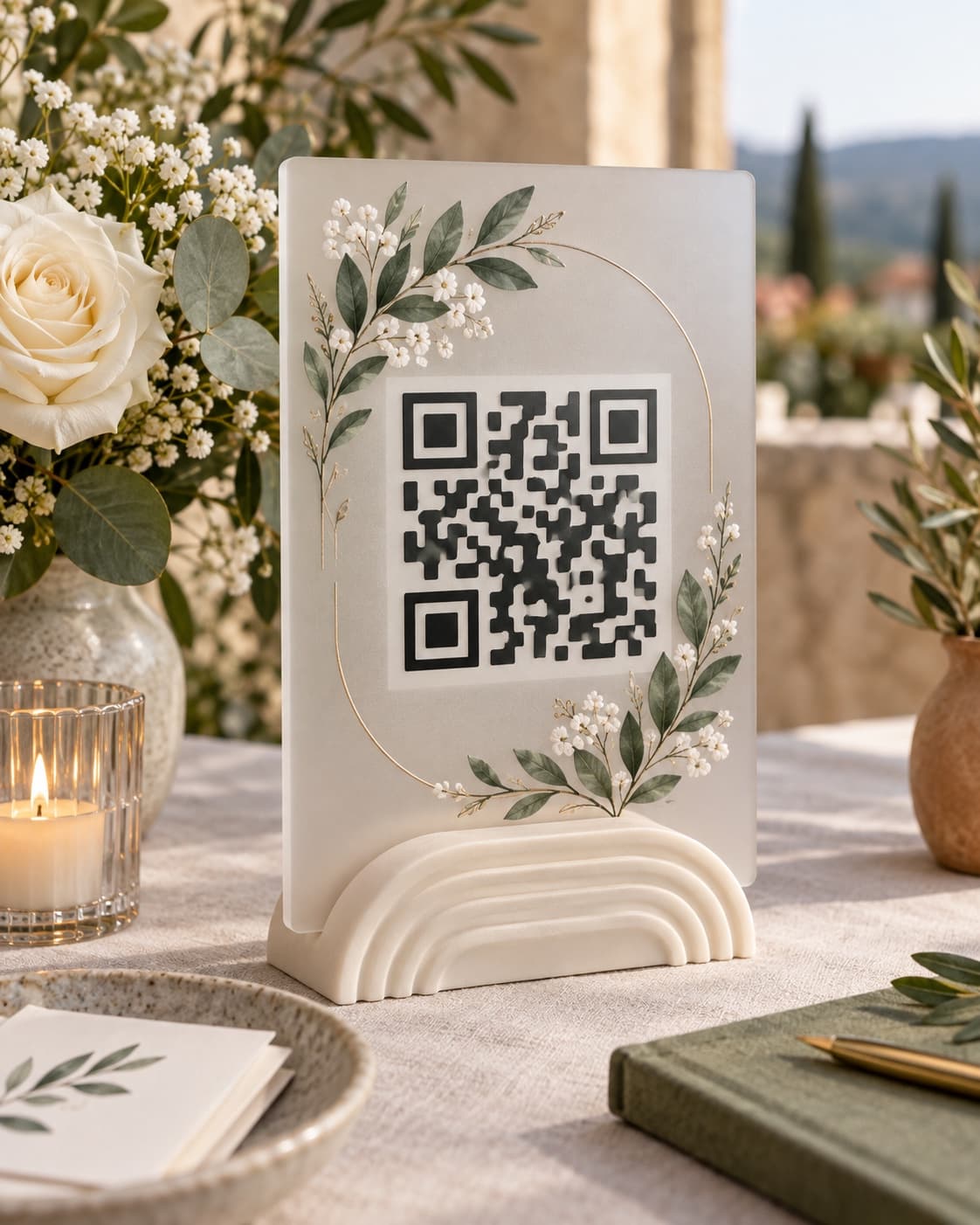 Frosted acrylic stand with a QR code motif, golden ring frame and floral branches on a light 3D-printed stand, on an outdoor wedding table.