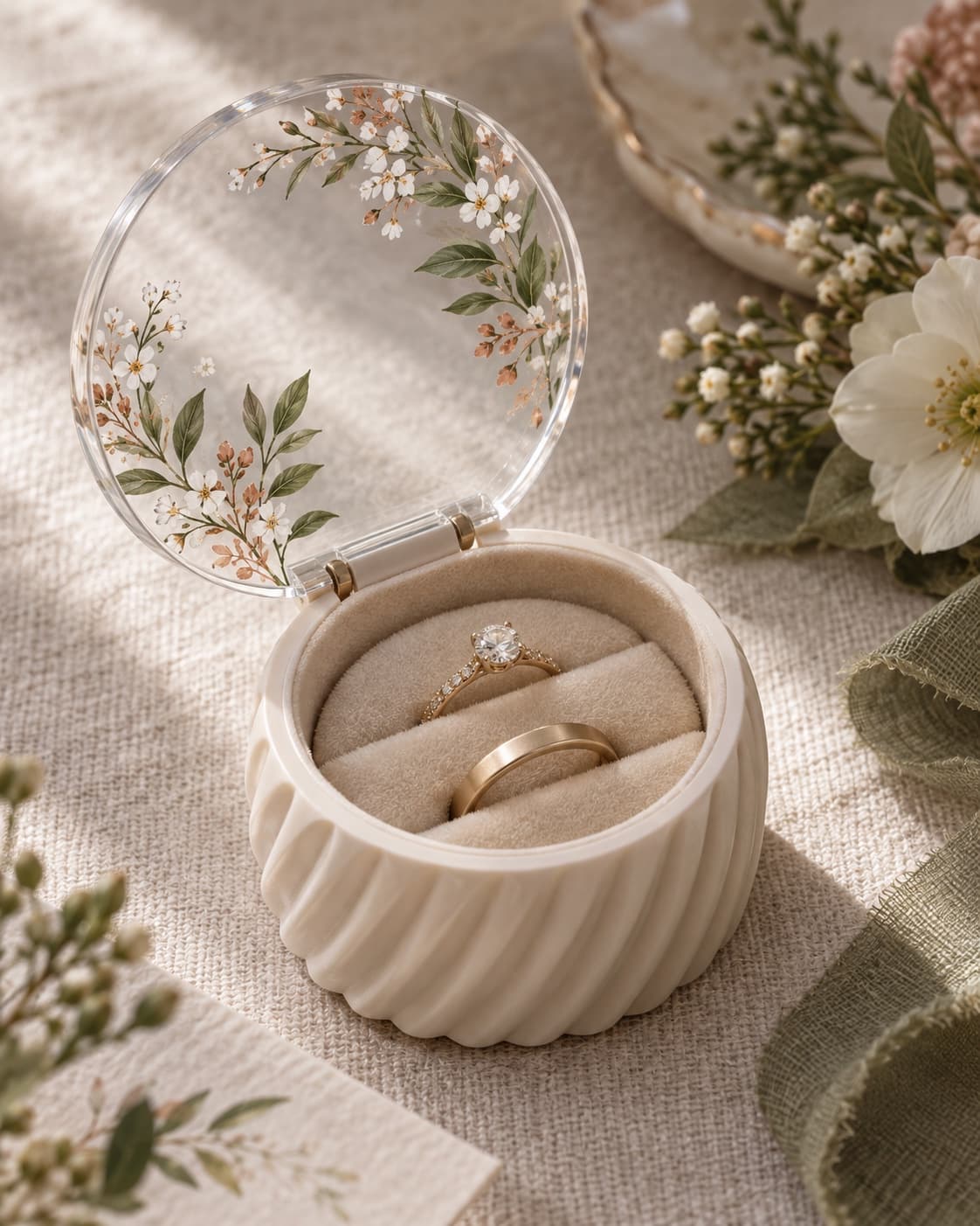 Open round ring box with a ribbed, cream-colored body and a transparent acrylic lid with a floral motif, containing two wedding rings on a velvety cushion.