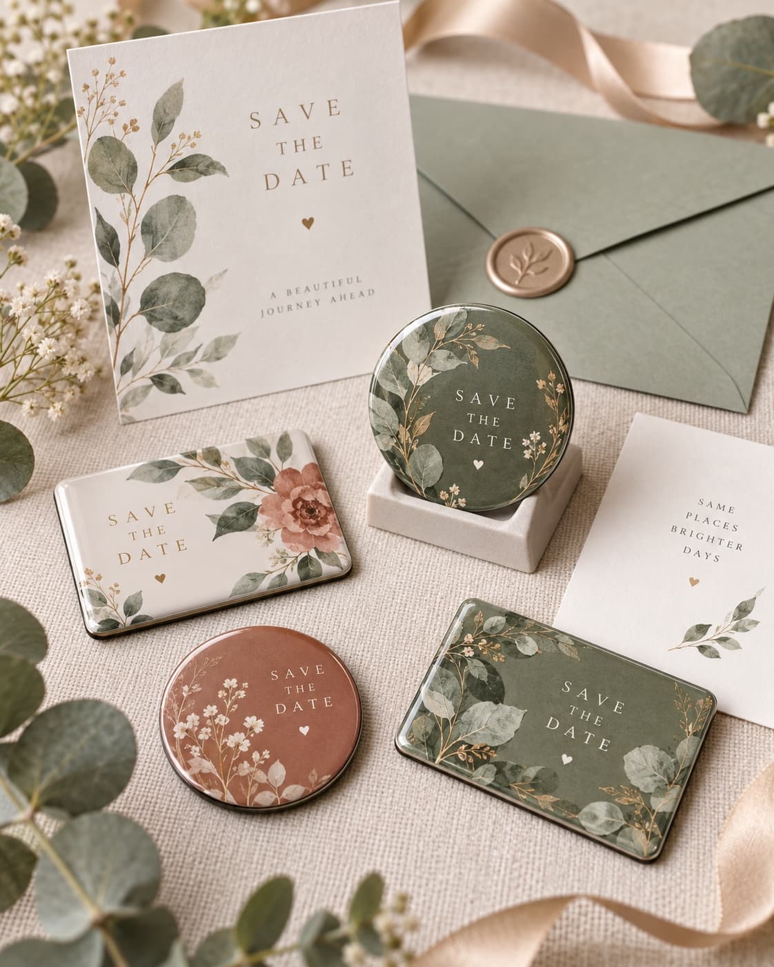 Several round and rectangular save-the-date magnets with floral motifs in green, terracotta and cream, next to a matching paper card and an envelope with a wax seal.
