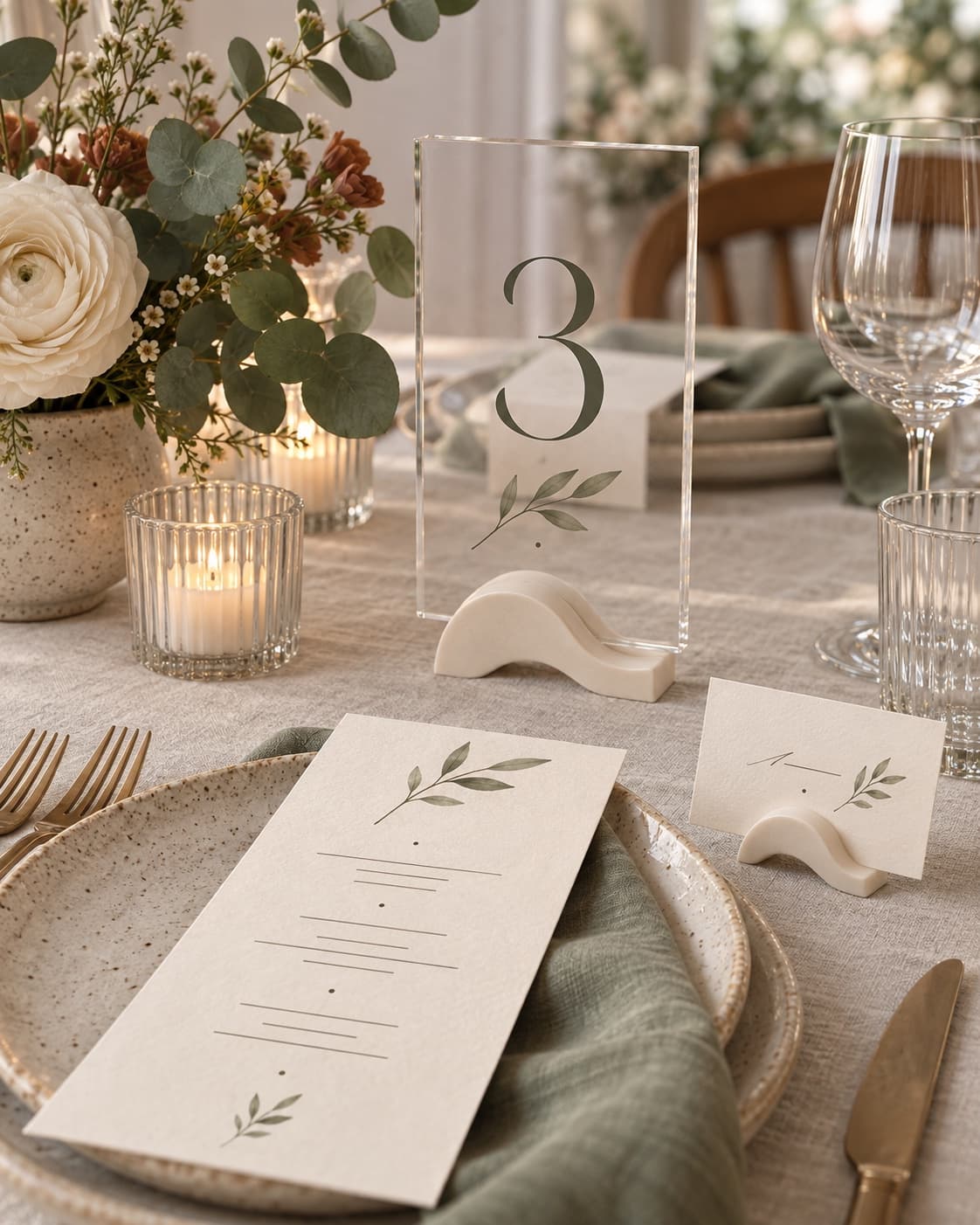 Set wedding table with an acrylic table number '3', a menu card with a eucalyptus motif and a place card, surrounded by candles and flowers.